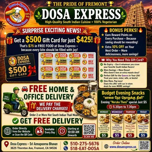 Dosa Express Announces Special Gift Card Offer And Free Delivery Services In Fremont 