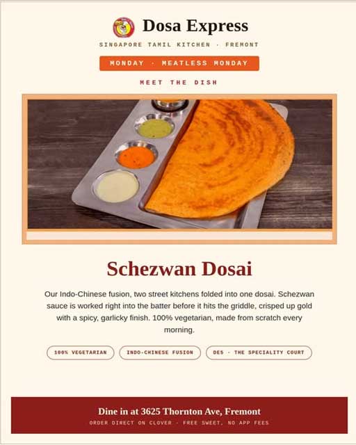 Dosa Express Fremont Introduces Indo Chinese Fusion Schezwan Dosai For Meatless Monday 