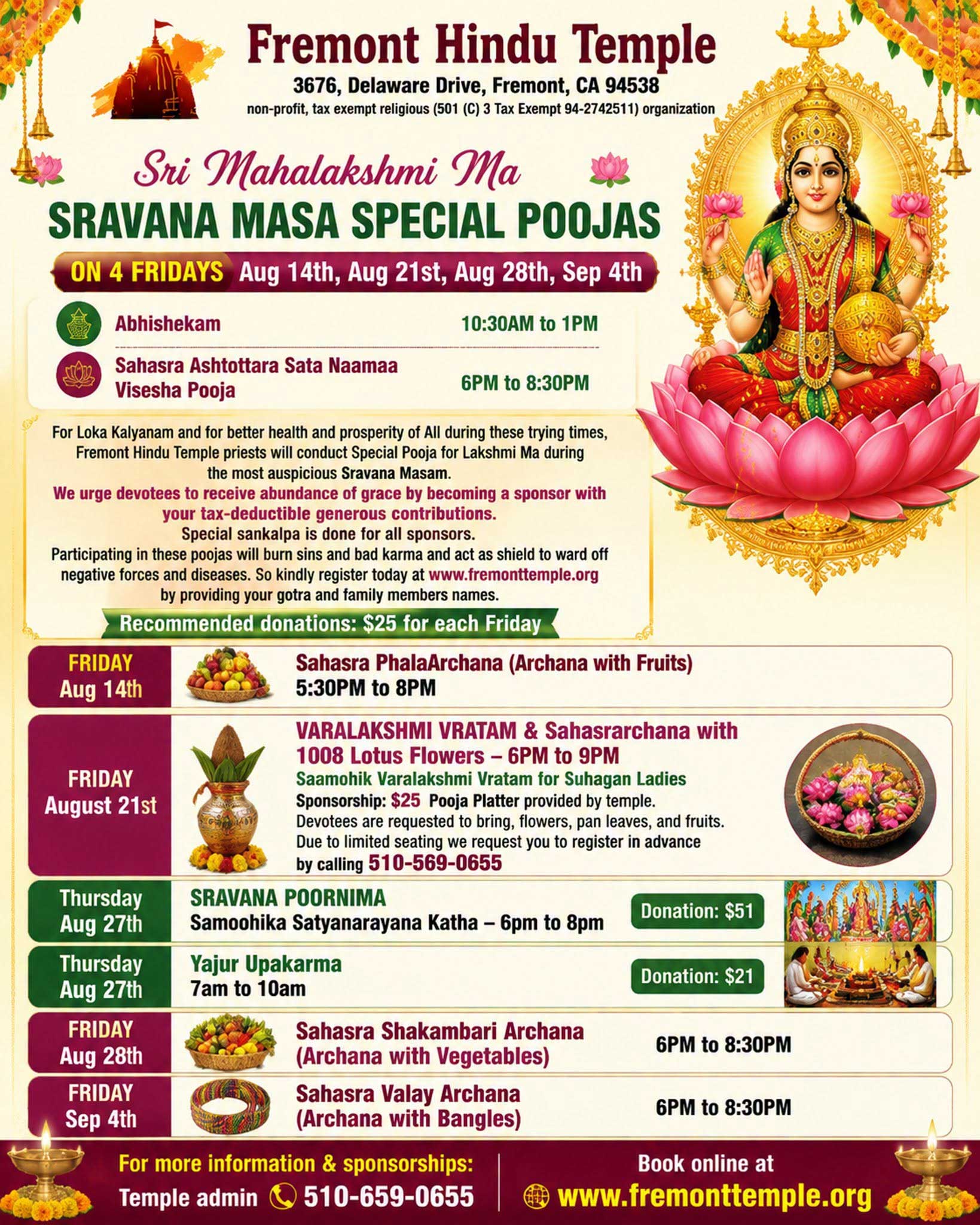 Fremont Hindu Temple Announces Sri Mahalakshmi Ma Sravana Masa Special Poojas For 2026 