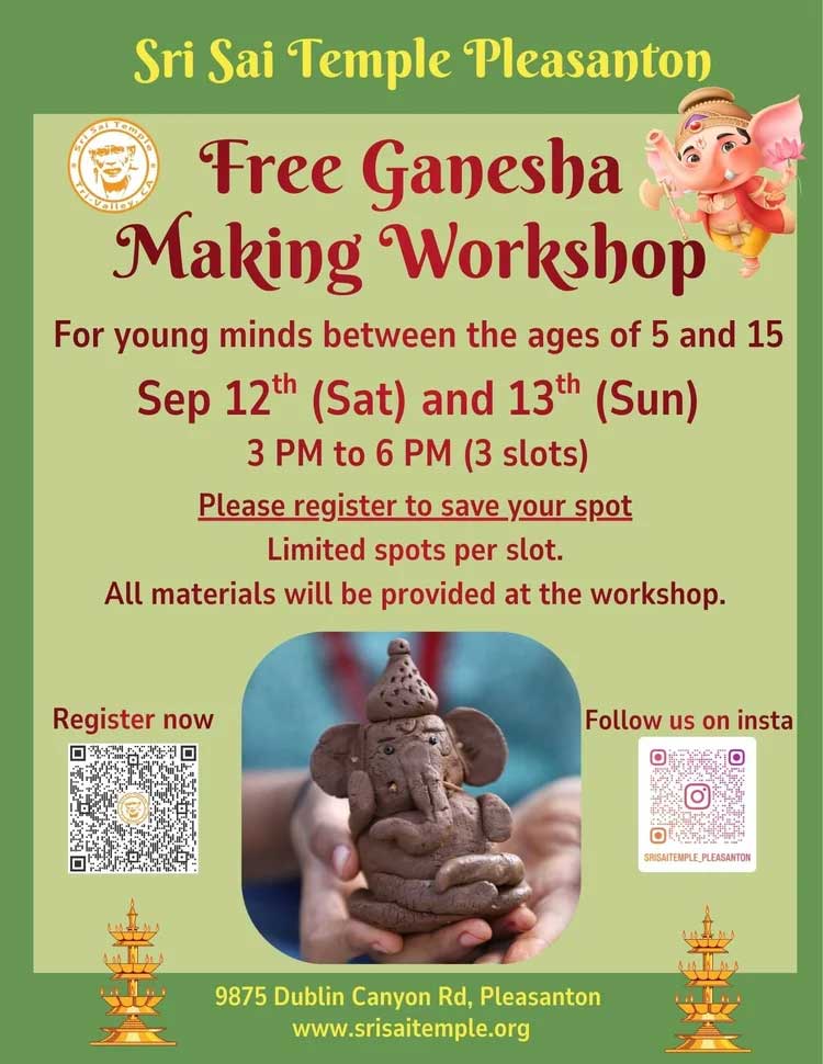 Sri Sai Temple Pleasanton Announces Free Ganesha Making Workshop for Kids