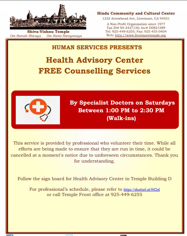 Free Health Advisory Center Counseling Services At Shiva Vishnu Temple Livermore 