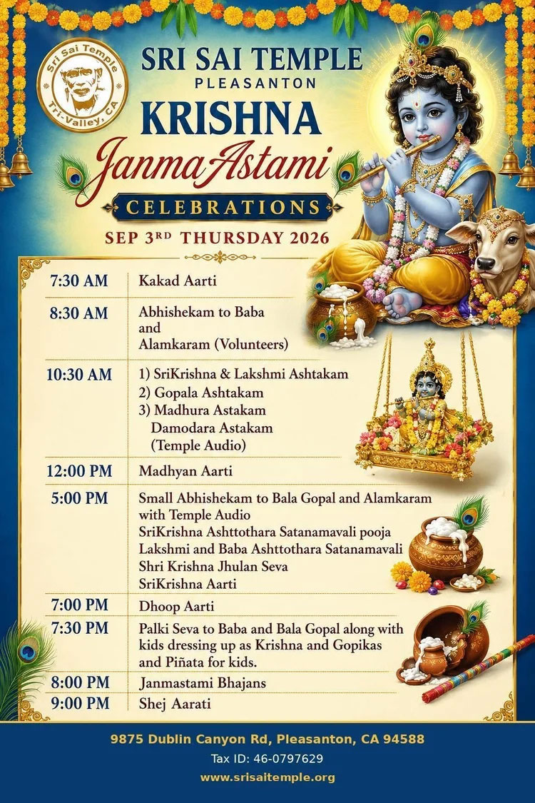 Sri Sai Temple Pleasanton Announces Grand Sri Krishna Janmashtami Celebrations For 2026 