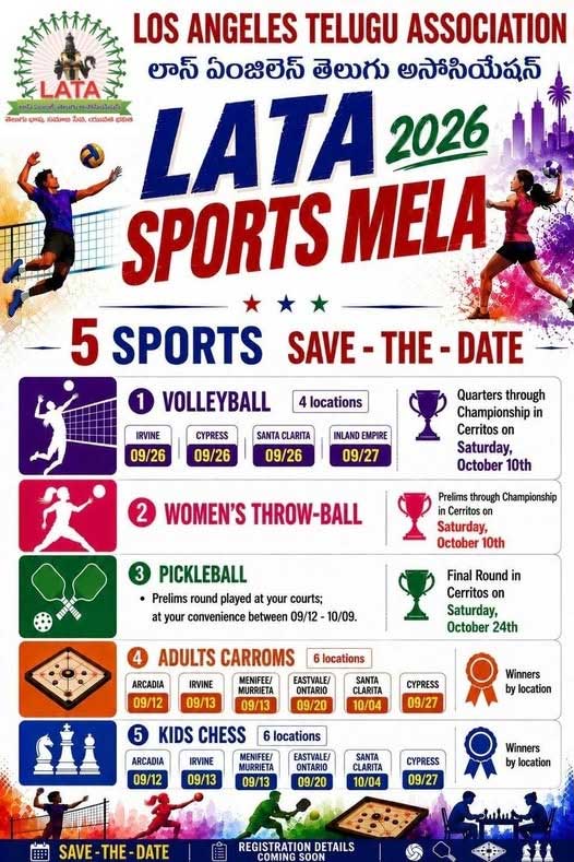 Lata Sports Mela 2026 Los Angeles Telugu Association Announces Five Major Sports Events 