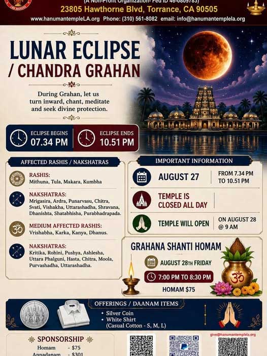 Lunar Eclipse Chandra Grahan Details And Temple Schedule At Sri Panchamukha Hanuman Temple 