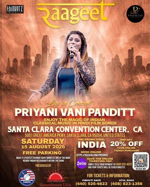 Priyani Vani Panditt To Perform Live At Raageet Concert In Santa Clara On August 15 2026 