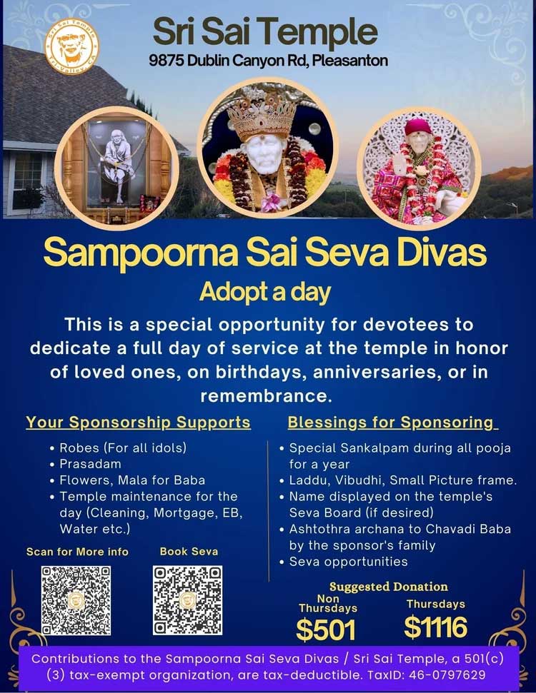 Sri Sai Temple Pleasanton Announces Sampoorna Sai Seva Divas Initiative 