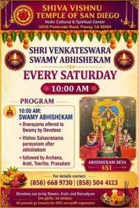 Weekly Shri Venkateshwara Swamy Abishekam Held Every Saturday at Shiva Vishnu Temple of San Diego
