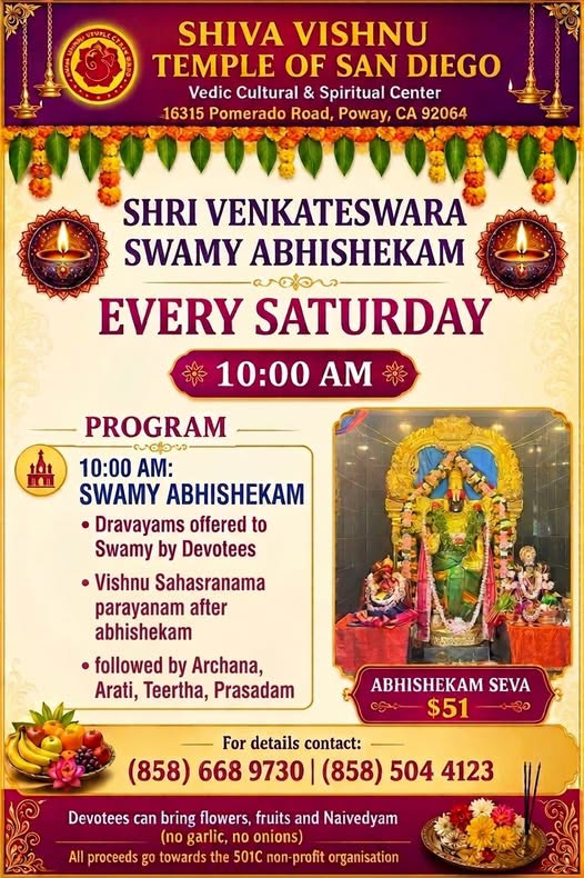 Weekly Shri Venkateshwara Swamy Abishekam Held Every Saturday At Shiva Vishnu Temple Of San Diego 