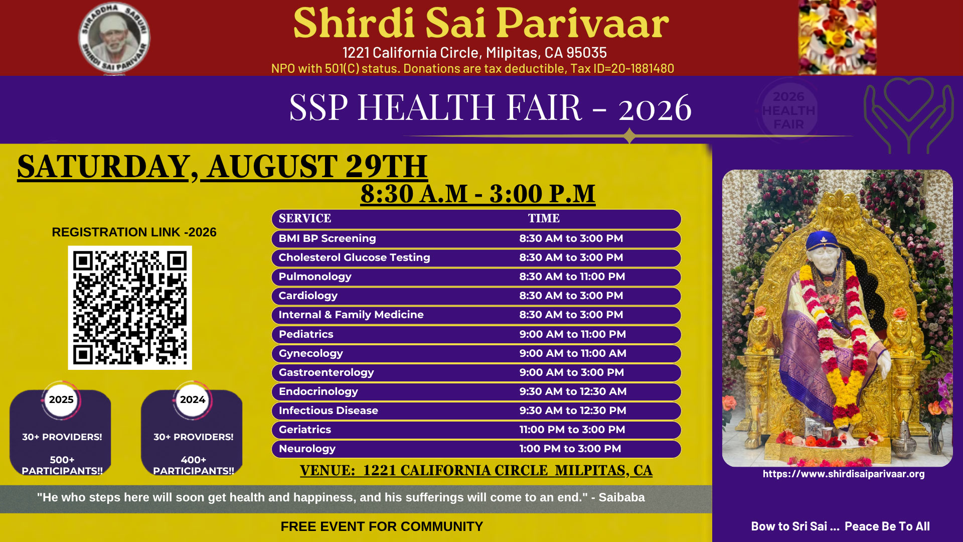 Shirdi Sai Parivaar Announces Annual Health Fair 2026 In Milpitas 
