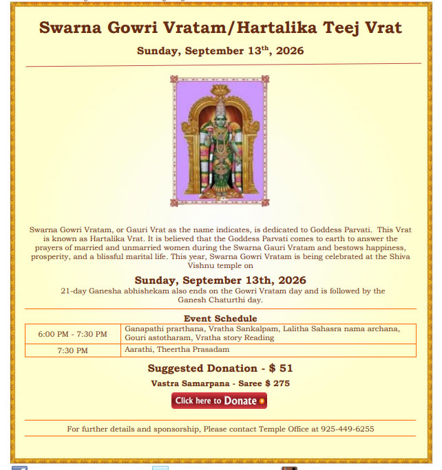Swarna Gowri Vratam Hartalika Teej Vrat Celebration At Shiva Vishnu Temple On September 13 2026 