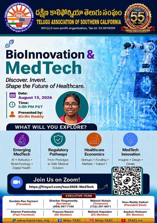 Telugu Association Of Southern California Tasc To Host Student Focused Bioinnovation Medtech Session On August 15 2026 