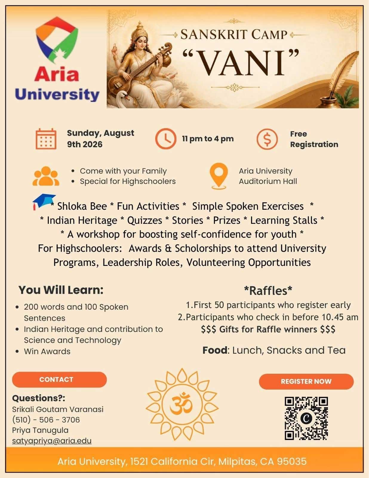 Aria University Announces Sanskrit Camp Vani Scheduled For August 9 2026 