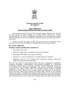 Consulate General of India in San Francisco Invites Applications for Local Clerk Positions