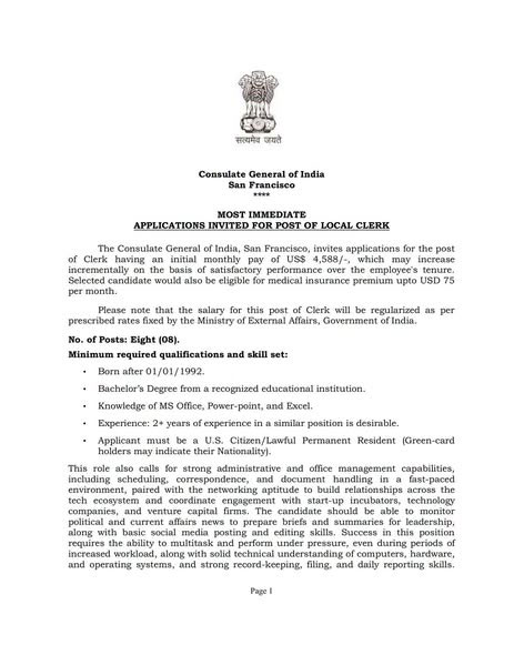Consulate General Of India In San Francisco Invites Applications For Local Clerk Positions 