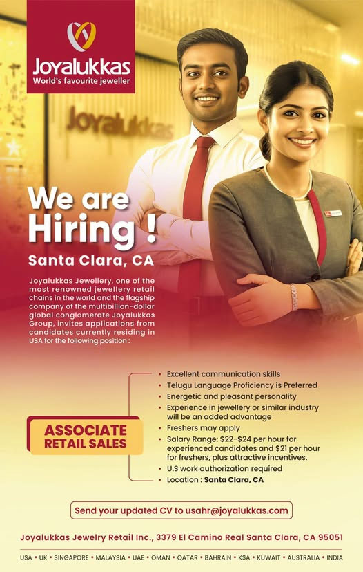 Joyalukkas Jewellery Announces Job Opening For Associate Retail Sales In Santa Clara Ca 
