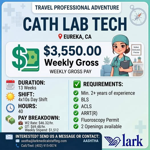 Travel Cath Lab Tech Job Opening Posted For Eureka California With 3550 Weekly Pay 