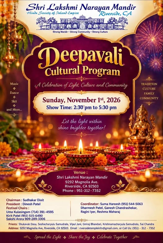 Deepavali Cultural Program At Shri Lakshmi Narayan Mandir Riverside Ca 