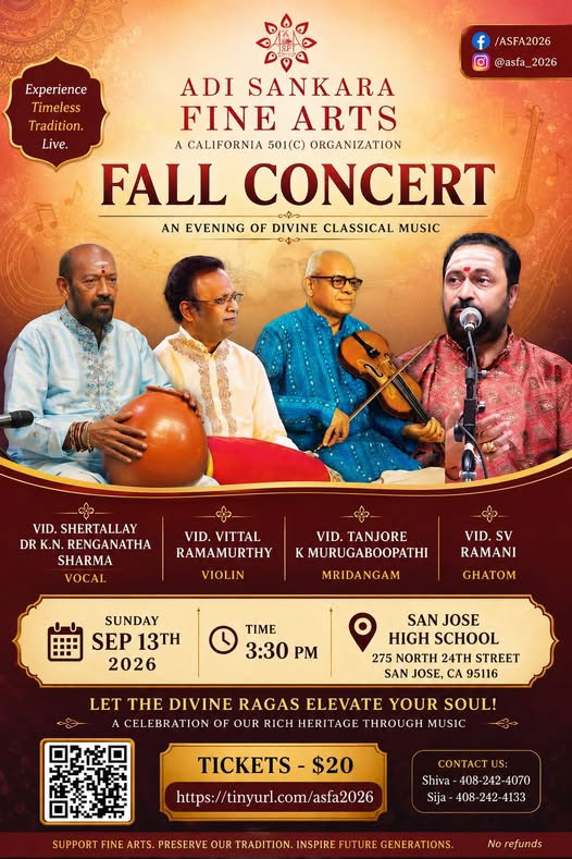 Adi Sankara Fine Arts Celebrates 6th Anniversary with Fall Concert Featuring Vidwan Dr. K.N. Renganatha Sharma