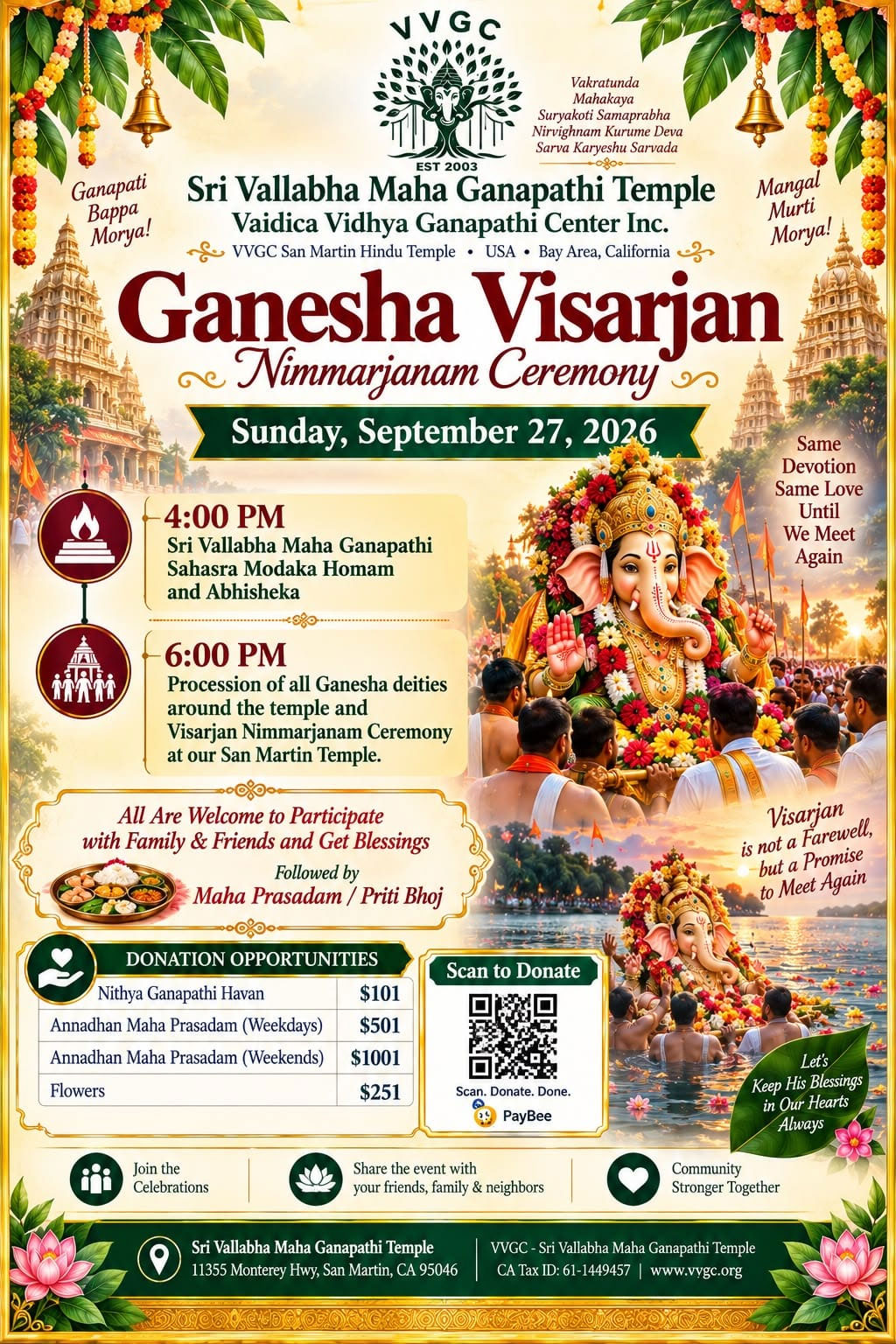 Ganesha Visarjan Nimmarjanam Ceremony Announced At Sri Vallabha Maha Ganapathi Temple 