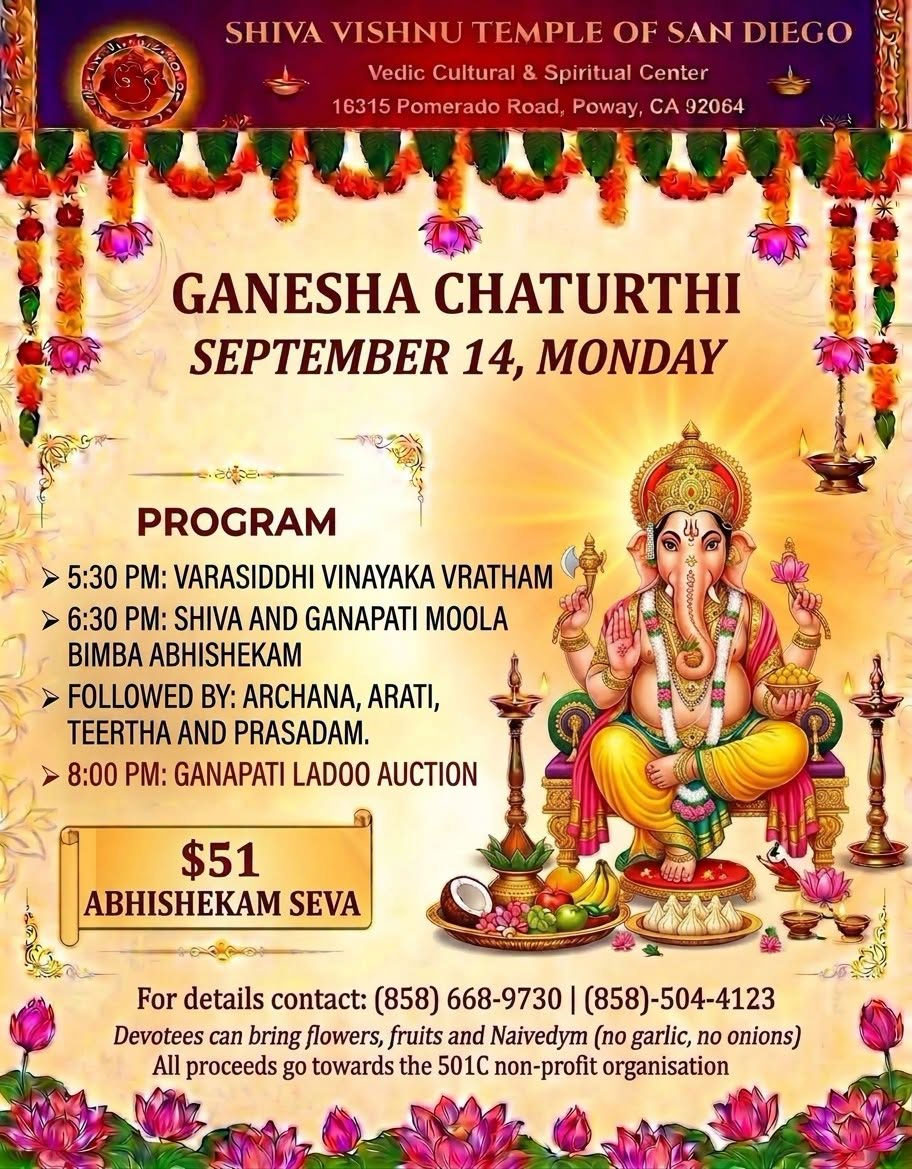 Ganesha Chaturthi Celebrations At Shiva Vishnu Temple Of San Diego 