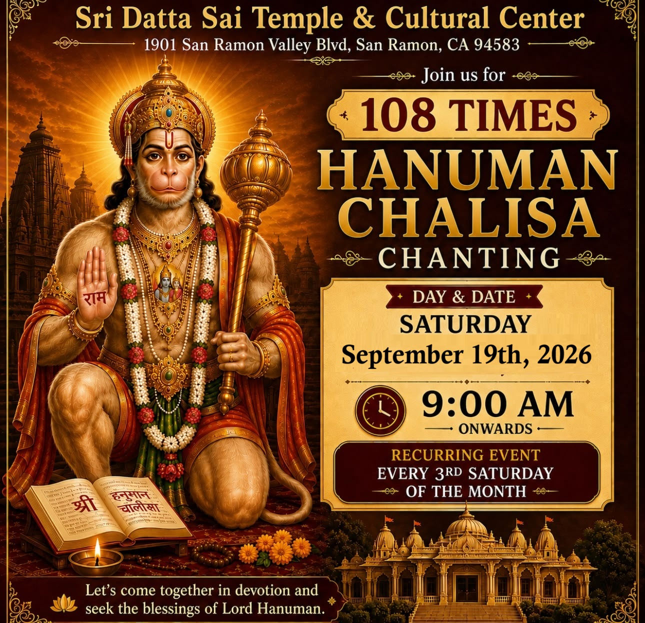 Sri Datta Sai Temple Cultural Center Announces 108 Times Hanuman Chalisa Chanting Event 