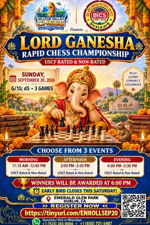 Silicon Valley Chess And Bics Announce Lord Ganesha Rapid Chess Championship For September 20 2026 