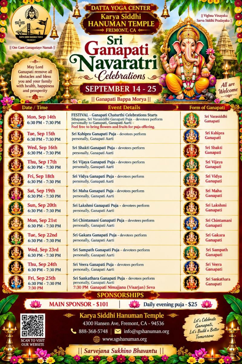 Sri Ganapati Navaratri Celebrations Schedule Announced At Karya Siddhi Hanuman Temple Fremont 