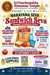 Sri Panchamukha Hanuman Temple Announces Annual Sandwich Seva and Food Drive in Torrance, California
