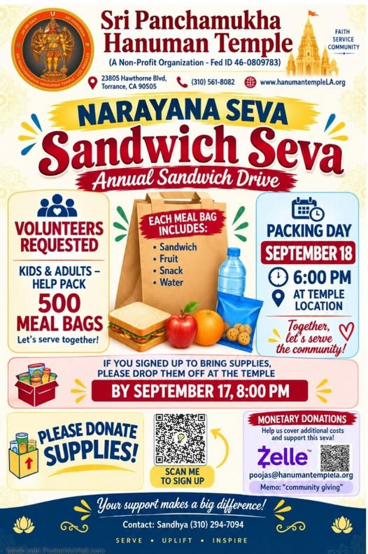 Sri Panchamukha Hanuman Temple Announces Annual Sandwich Seva And Food Drive In Torrance California 