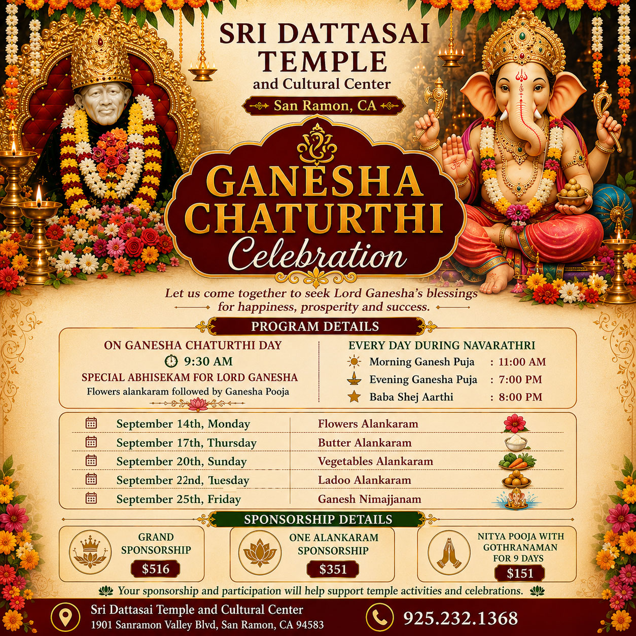 Ganesha Chaturthi Celebrations Announced At Sri Dattasai Temple And Cultural Center 