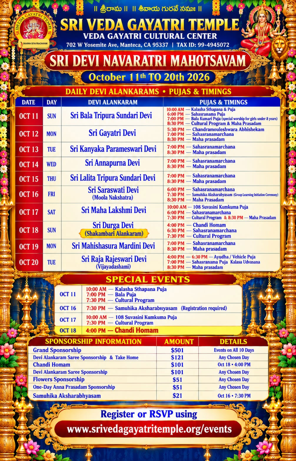 Sri Veda Gayatri Temple Announces Devi Sarannavaratri Celebrations 2026 
