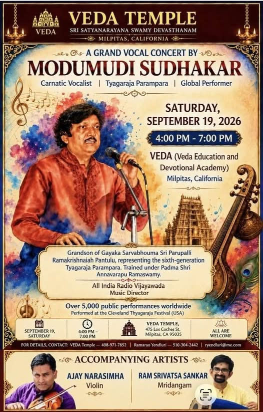 Veda Temple Announces Grand Vocal Concert By Carnatic Artist Modumudi Sudhakar 