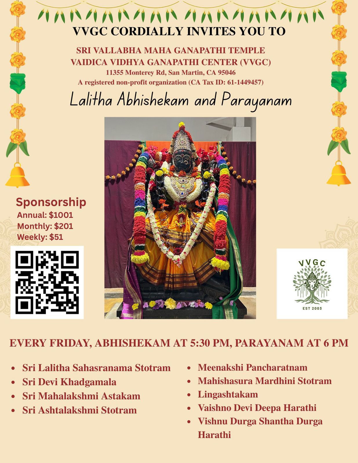 Lalitha Abishekam And Parayanam At Sri Vallabha Maha Ganapathi Temple Vvgc 