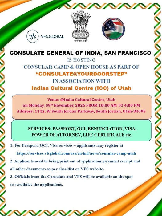Consulate General Of India To Host Consular Camp In South Jordan Utah On November 9 2026 
