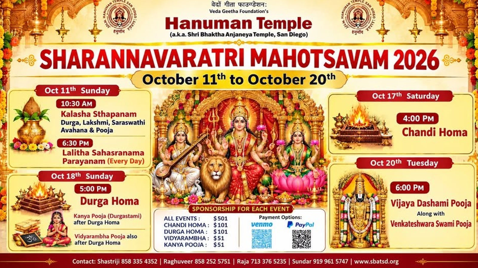 Veda Geetha Foundations Hanuman Temple San Diego Announces Sharannavaratri Mahotsavam 2026 