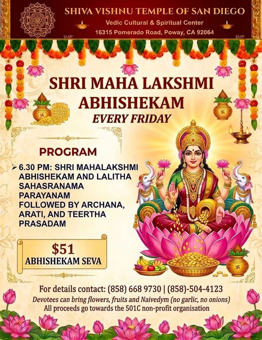 Shiva Vishnu Temple Of San Diego Organizes Shri Maha Lakshmi Abhishekam Every Friday 