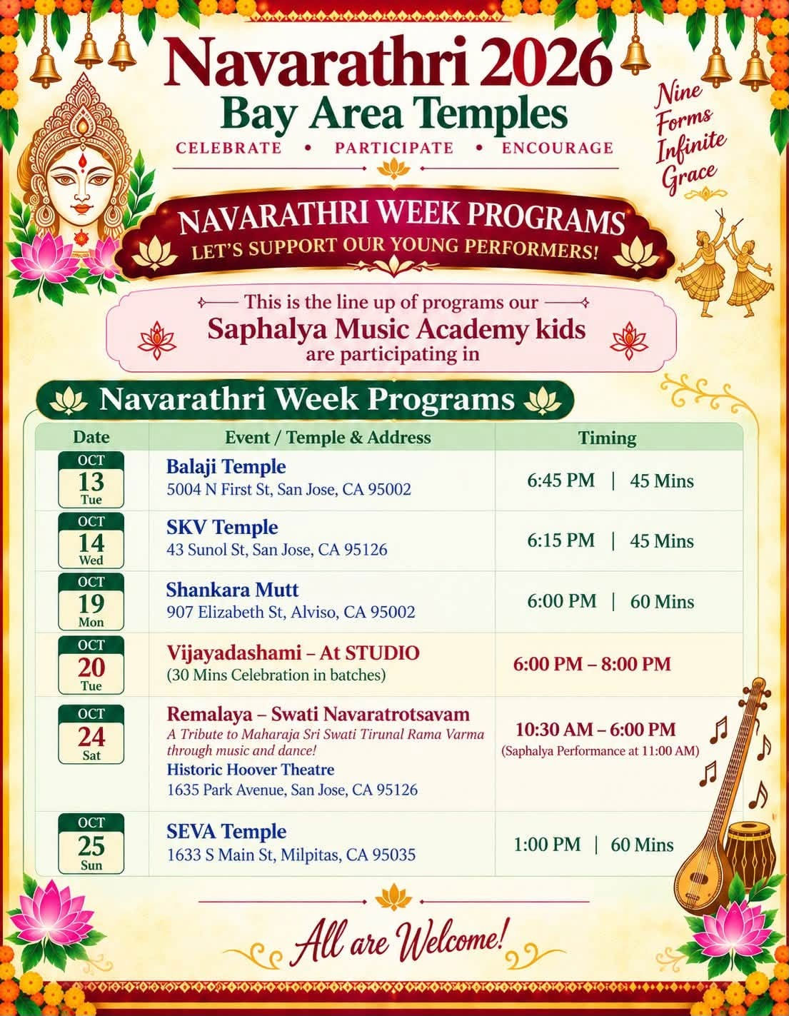 Saphalya Music Academy Kids To Present Special Performances Across Bay Area Temples 