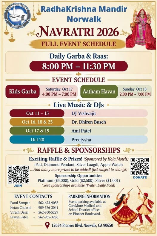 Radhakrishna Mandir Norwalk Announces Navratri 2026 Full Event Schedule And Activities 